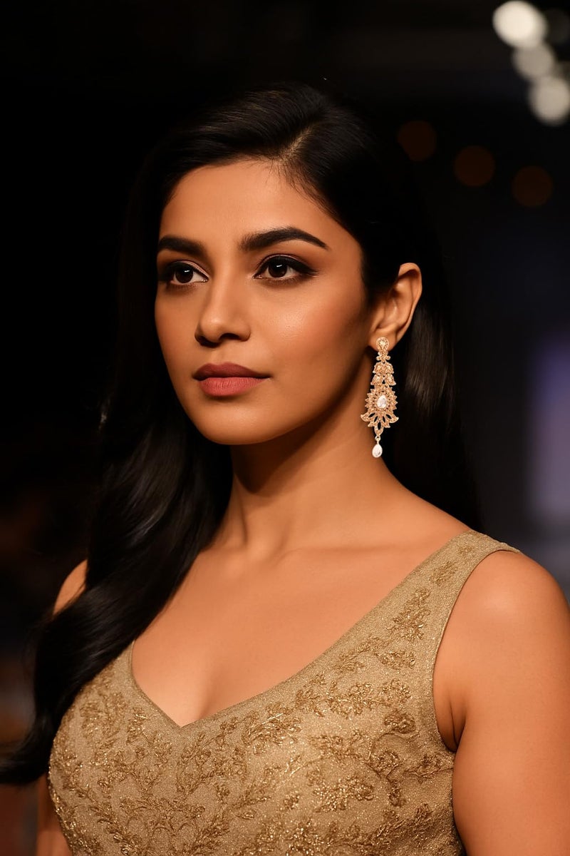 Touchstone "Hollywood Glamour Oscar Collection" Extra Long Chandelier Earrings Indian Attractive Paisley Motif Filigree Yellow Rhinestones Designer Bridal Jewelry In Antique Gold Tone For Women. - Image 3